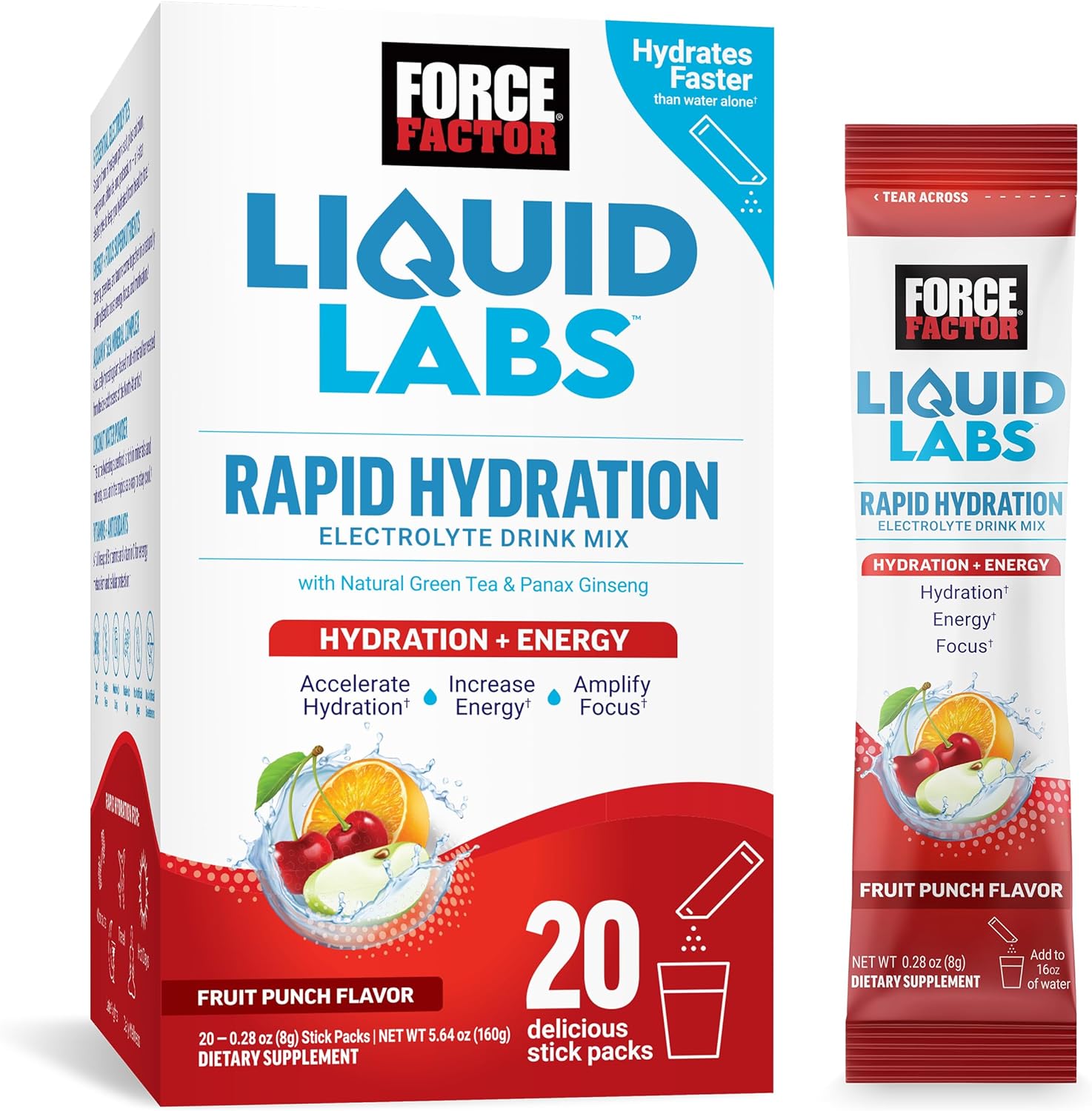 FORCE FACTOR Liquid Labs Energy Drink, Electrolytes Powder, Hydration Packets to Boost Energy & Focus, 5 Essential Electrolytes, Vitamins, Minerals, & Antioxidants, Fruit Punch Flavor, 20 Stick Packs