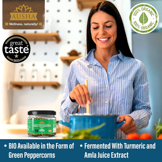 Ausha Organic Green Peppercorns In Brine 100G - Uk Certified Organic Soil Association - Bio Available Form Of Pepper - Fermented In Brine With Turmeric And Amla Juice - 1* Great Taste Award