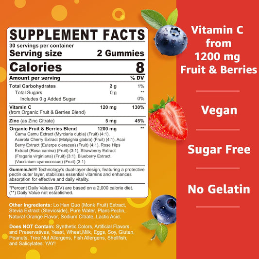 Organic Vitamin C Gummies 120Mg For Adults, Sugar Free, Daily Immune Defense, Raw Antioxidant, 100% Whole Food Chewable Vitamin C Supplement From 1200Mg Berries & Fruits For Collagen, Vegan, 60 Counts