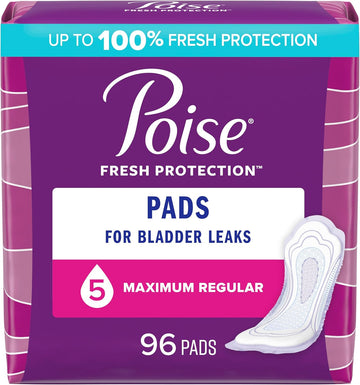 Poise Incontinence Pads & Postpartum Incontinence Pads, 5 Drop Maximum Absorbency, Regular Length, 96 Count (2 Packs of 48), Packaging May Vary