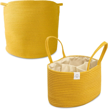 Natemia Large Rope Storage Basket And Cotton Rope Diaper Caddy - Nursery Bin And Toy Organizer Laundry Basket, Basket For Towels, Pillows And Blankets, Perfect Baby Registry Gift-Harvest Gold