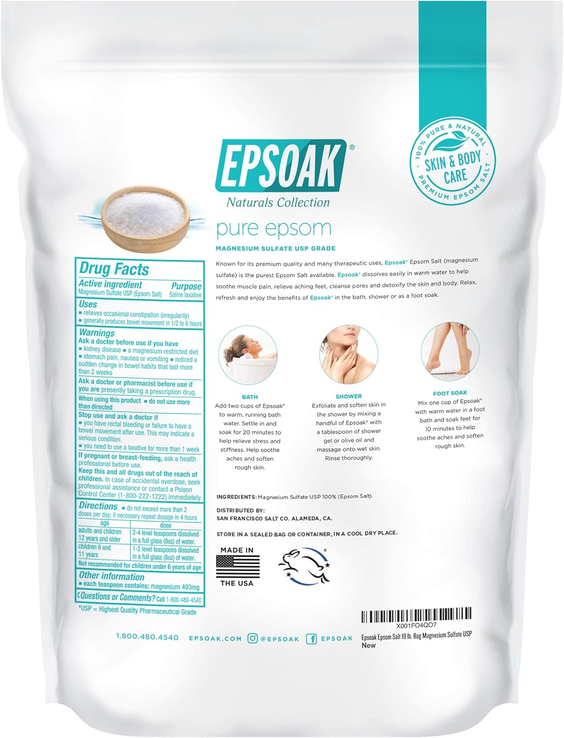 Epsoak Epsom Salt 19 lb. Magnesium Sulfate USP. (Qty. 1 x 19lb. Bags) Resealable Epsom Salt Bulk Bags Unscented, Made in The USA, Cruelty-Free Certified : Beauty & Personal Care