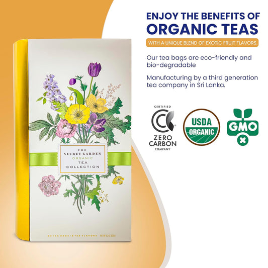 Premium Organic Tea Bag 80 Pack Sampler Designer Tin Book Gift Set 10 Per Flavor Assorted Variety Exotic Fruit Herbal Black And Green Teas Individually Wrapped (8 Flavors)