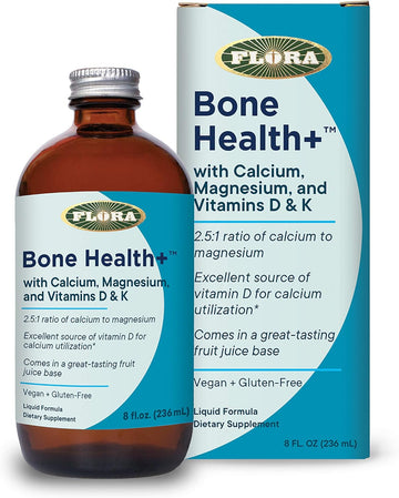 Flora - Bone Health+ With Calcium, Magnesium And Vitamins D & K, 2.5:1 Ratio Of Calcium To Magnesium, Vegan, Gluten-Free Fruit Juice Base, 8-Fl. Oz. Glass Bottle