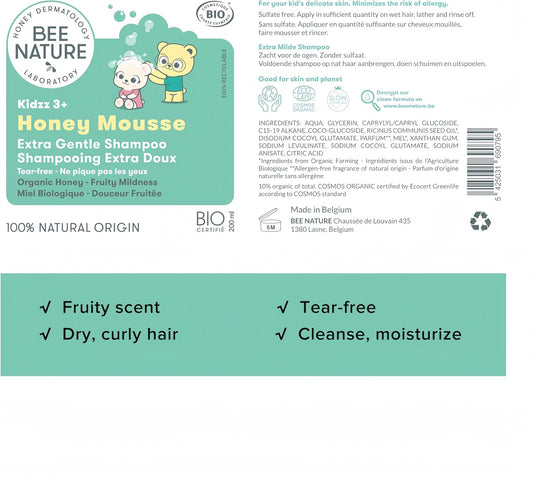 Bee Nature - Organic Kids Shampoo - Honey Mousse - Detangles & Nourishes - Fruity Sweetness Scent - Tear Free - 100% Natural - Suitable For Dry, Curly Hair - 2 Pieces(2 * 200Ml)