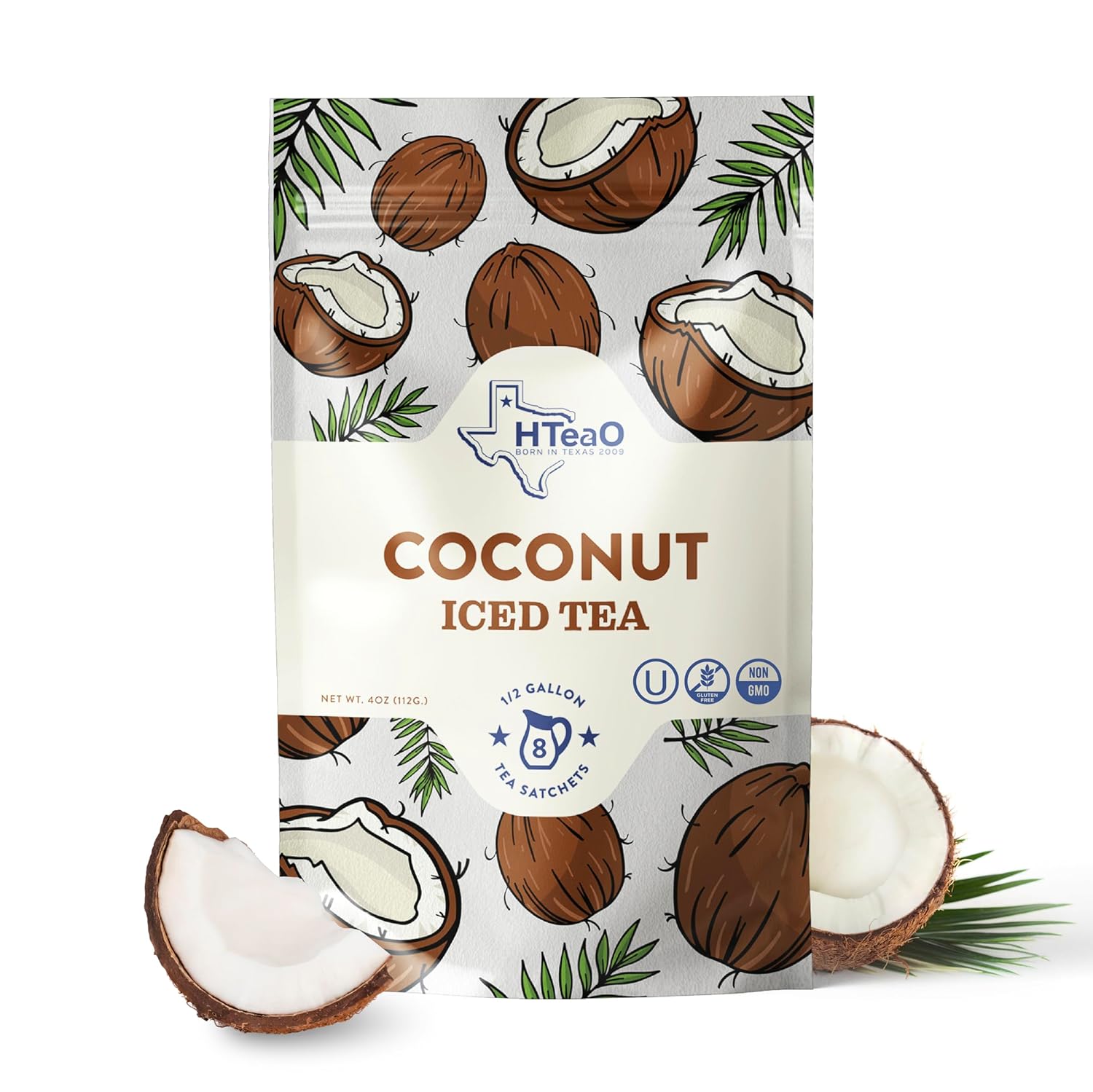 Hteao Coconut Black Tea Sachets - 4 Gallons Per Package - Real Texas-Style Flavored Iced Tea In 5 Minutes (Pack Of 8 Sachet Bags)