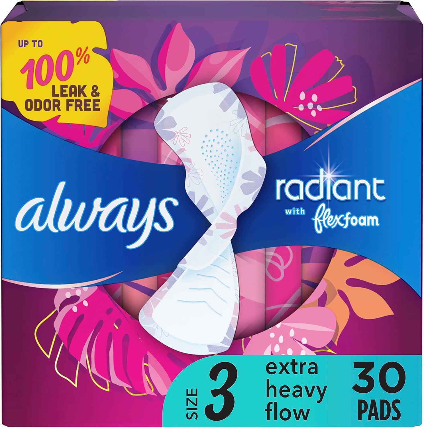 Always Radiant Feminine Pads For Women, Size 3 Extra Heavy, With Wings, Scented, 30 Ct
