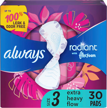Always Radiant Feminine Pads For Women, Size 3 Extra Heavy, With Wings, Scented, 30 Ct