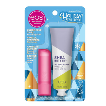 eos Holiday Skin Care Set- Vanilla Cashmere Travel Hand Cream & Candy Cane Swirl Lip Balm, Stocking Stuffers, 1 fl oz Hand Cream + 0.14 oz Lip Balm, 2-Pack