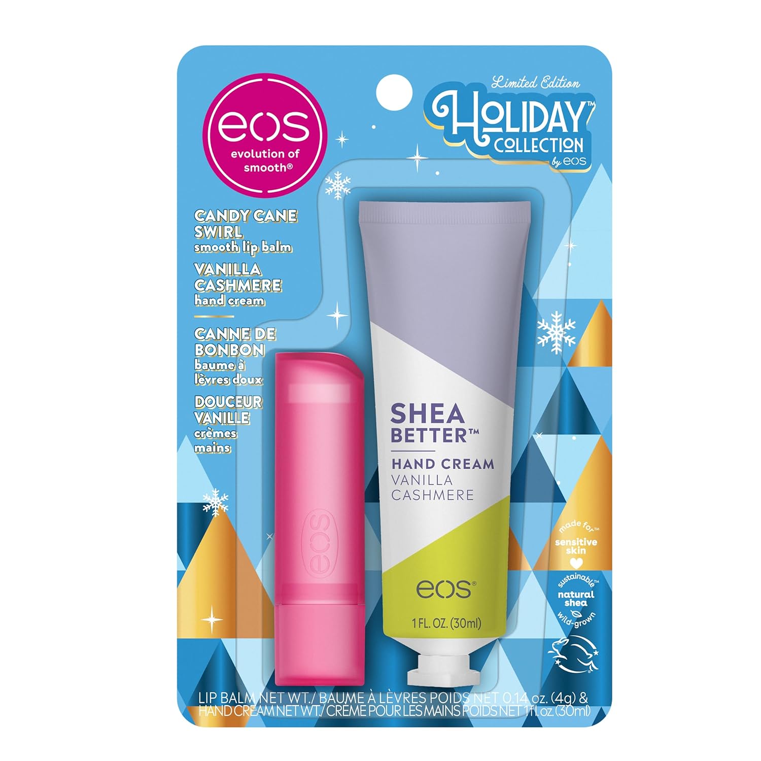 Eos Holiday Skin Care Set- Vanilla Cashmere Travel Hand Cream & Candy Cane Swirl Lip Balm, Stocking Stuffers, 1 Fl Oz Hand Cream + 0.14 Oz Lip Balm, 2-Pack