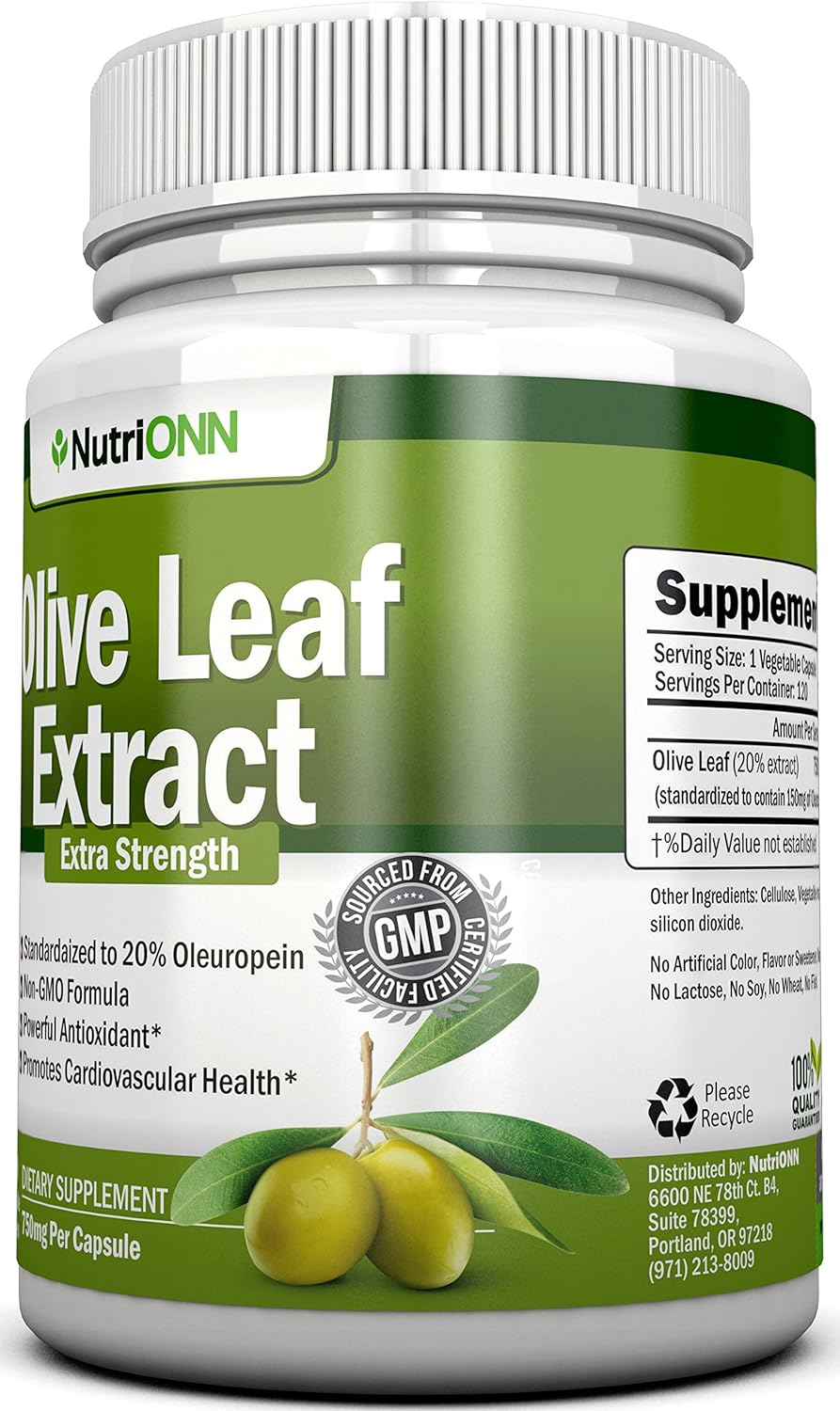 Olive Leaf Extract - 750 Mg - 120 Capsules - Extra Strength - 20% Oleuropein - Non-GMO Formula - Premium Quality From Pure Olive Leaves - Powerful Antioxidant - Great for Heart, Skin and Brain : Health & Household