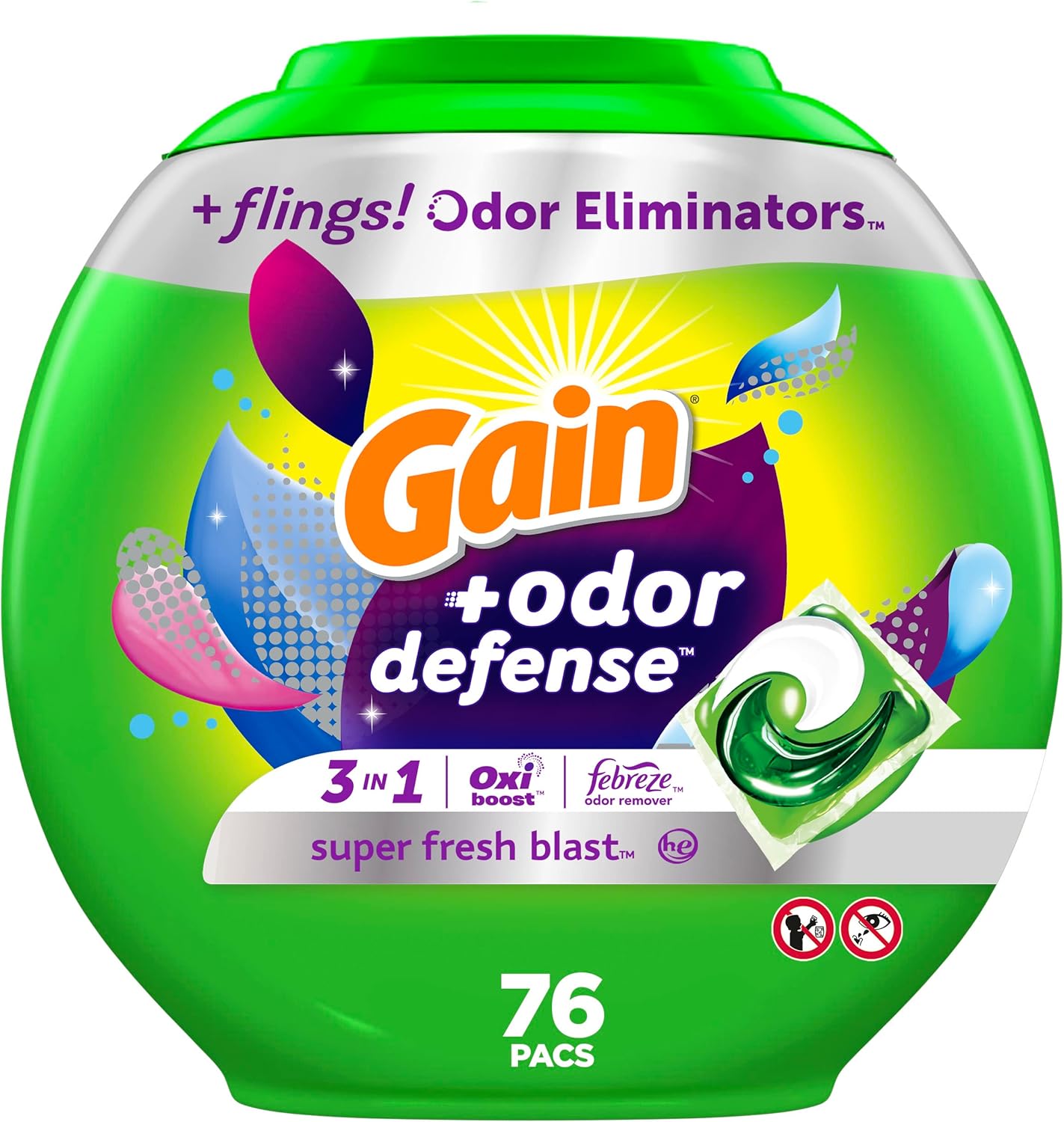 Gain Flings Laundry Detergent Pacs With Odor Defense He Compatible 76 Ct 3In1 Detergent Pacs With Febreze And Oxi Super Fresh Blast Scent