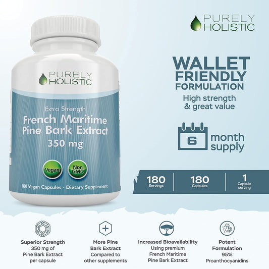 Purely Holistic Pine Bark Extract 350Mg 180 Vegan Capsules 95% Proanthocyanidins - French Maritime Pine Bark Extract - Non Gmo & Pesticide Free Antioxidant Supplement