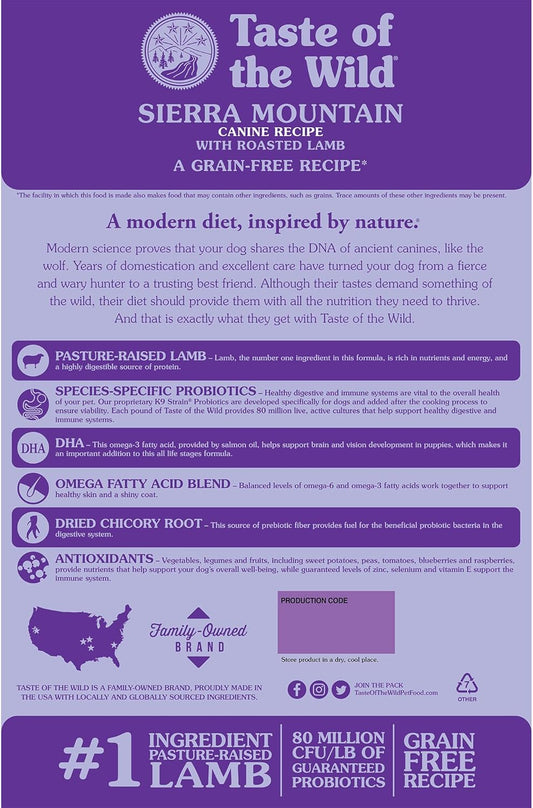 Taste Of The Wild Sierra Mountain Grain-Free Canine Recipe With Roasted Lamb Dry Dog Food For All Life Stages, Made With High Protein From Real Lamb And Guaranteed Nutrients And Probiotics 28Lb