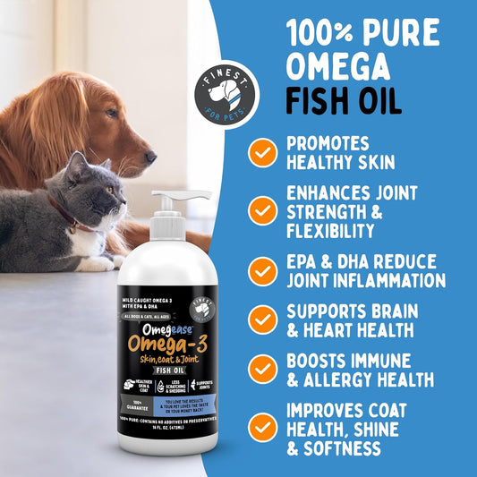 100% Pure Omega 3 Fish Oil for Dogs & Cats. Better Than Salmon Oil for Skin & Coat, Joint Function, Immune, Brain & Heart Health. Natural EPA + DHA Fatty Acids. Pet Food Supplement (Fish Oil, 32oz)
