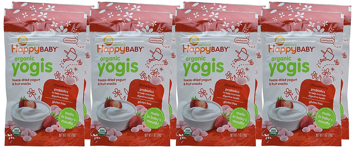 Happy Baby Organics Baby Snacks, Yogis, Freeze Dried Yogurt & Fruit Snacks, Gluten Free Snack for Babies 9+ Months, Strawberry, 1 Ounce (Pack of 8) : Baby Food : Everything Else