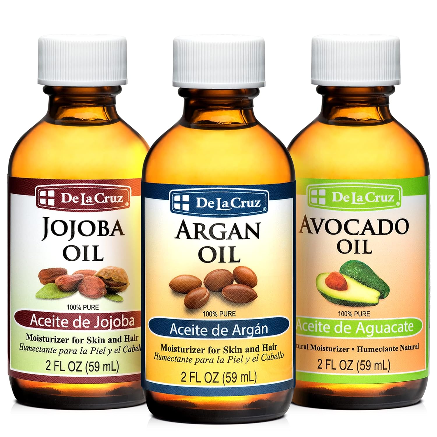 De La Cruz - Avocado Oil, Argan Oil And Jojoba Oil Bundle - 100% Pure And Natural Oils For Hair And Skin - 3 Bottles - 2 Fl Oz Each