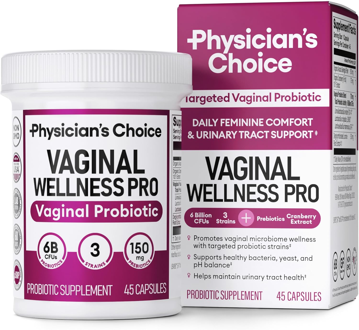 Physician'S Choice Vaginal Probiotics For Women - Unique With Licorice Root - Ph Balance, Odor Control, Yeast, Vaginal Microbiome & Feminine Health - 6B Cfu - Organic Prebiotic, Cranberry - 45 Ct