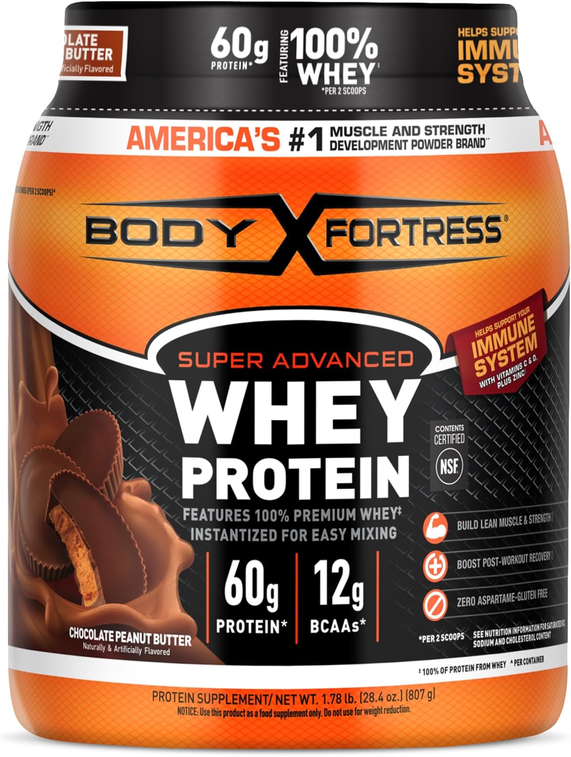 Body Fortress Super Advanced Whey Protein Powder, Chocolate Peanut Butter, 60G Protein & 12G Bcaas Per 2 Scoops, Muscle Gain & Recovery, Immune Support With Vitamins C & D, 1.78Lbs