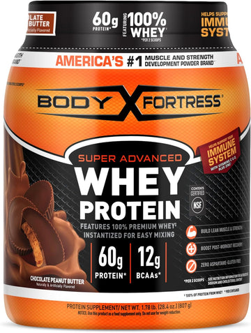 Body Fortress Super Advanced Whey Protein Powder, Chocolate Peanut Butter, 60G Protein & 12G Bcaas Per 2 Scoops, Muscle Gain & Recovery, Immune Support With Vitamins C & D, 1.78Lbs