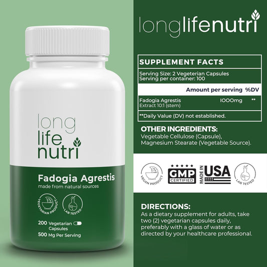 Fadogia Agrestis 500Mg Per Serving, 200 Vegetarian Caps, 10:1 Extract (Stem), Promotes Healthy Testosterone, Energy & Endurance, Vitality & Athletic Performance, American Made