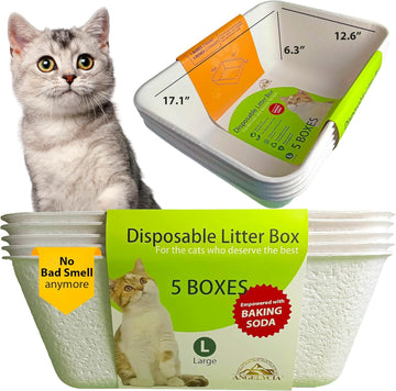 Disposable Litter Boxes For Cats | Baking Soda Effect And Maximum Odor Control |17.1”L, 12.6”W, 6.6”H | Recycled White Paper | Durable And Water Resistant | Large Size (Large- 3 Pieces)
