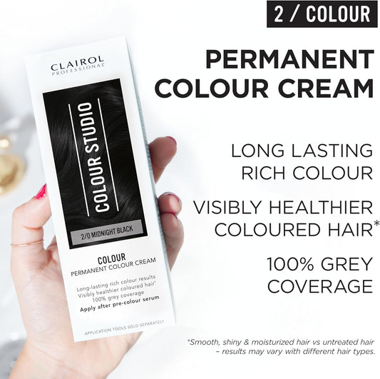 Clairol Colour Studio Permanent Colour Cream | Hair Dye | Long-Lasting Rich Tones | 100% Grey Coverage | Dermatologically Tested Vegan Formula | Hair Colouring Kit | Midnight Black 2/0 | 50Ml