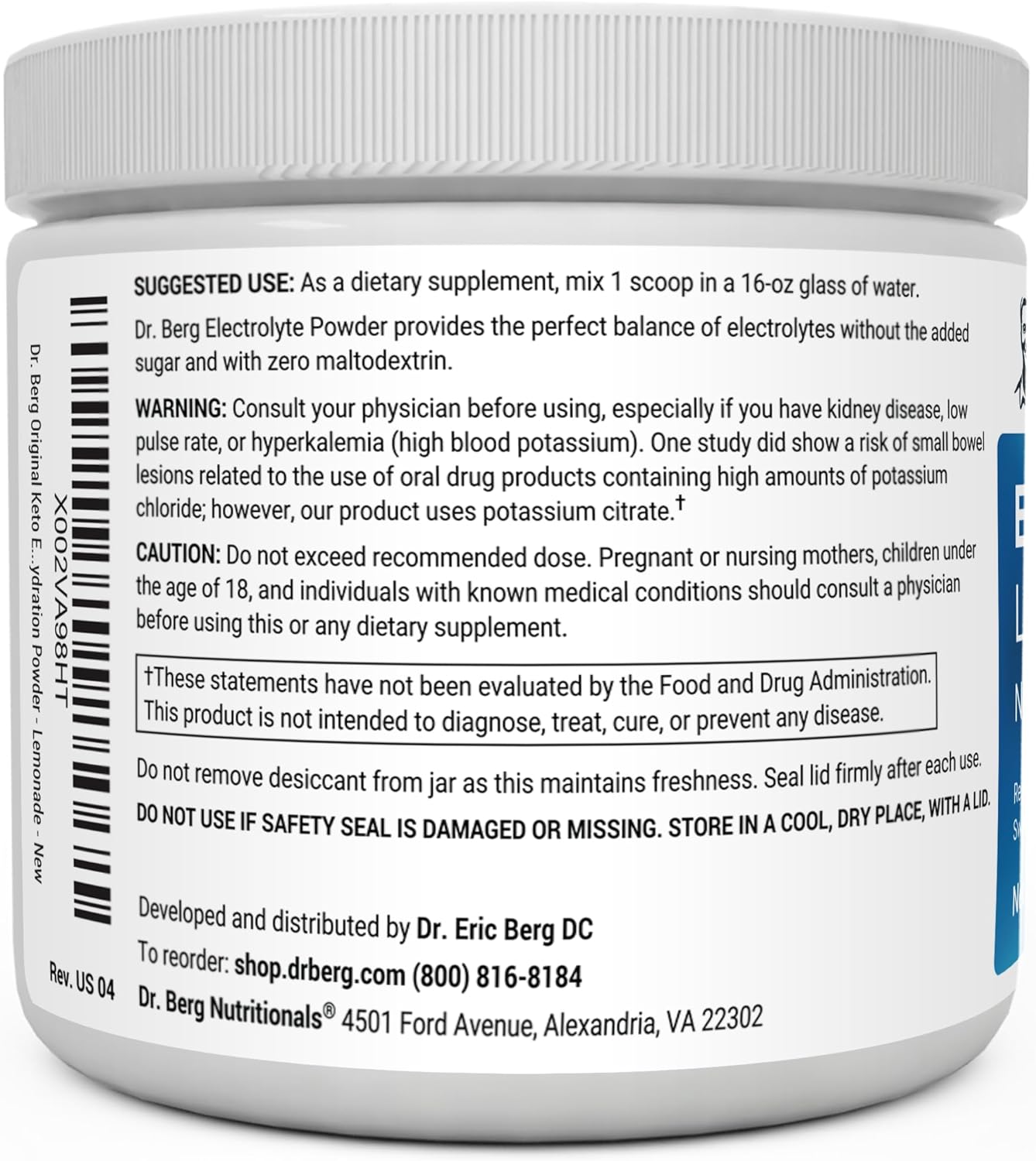 Dr. Berg Hydration Keto Electrolyte Powder - Enhanced w/ 1,000mg of Potassium & Real Pink Himalayan Salt (NOT Table Salt) - Lemonade Flavor Hydration Drink Mix Supplement - 50 Servings : Health & Household