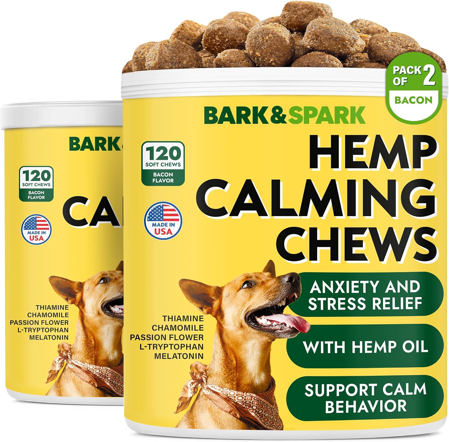 BARK&SPARK Calming Hemp Treats for Dogs - Made in USA with Hemp Oil - Anxiety Relief - Separation Aid - Stress Relief During Fireworks, Storms, Thunder - Aggressive Behavior, Barking - 240 Soft Chews