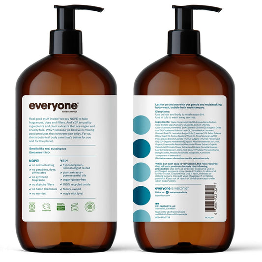 Everyone 3-in-1 Soap, Body Wash, Bubble Bath, Shampoo, 32 Ounce (Pack of 2), Pacific Eucalyptus, Coconut Cleanser with Plant Extracts and Pure Essential Oils