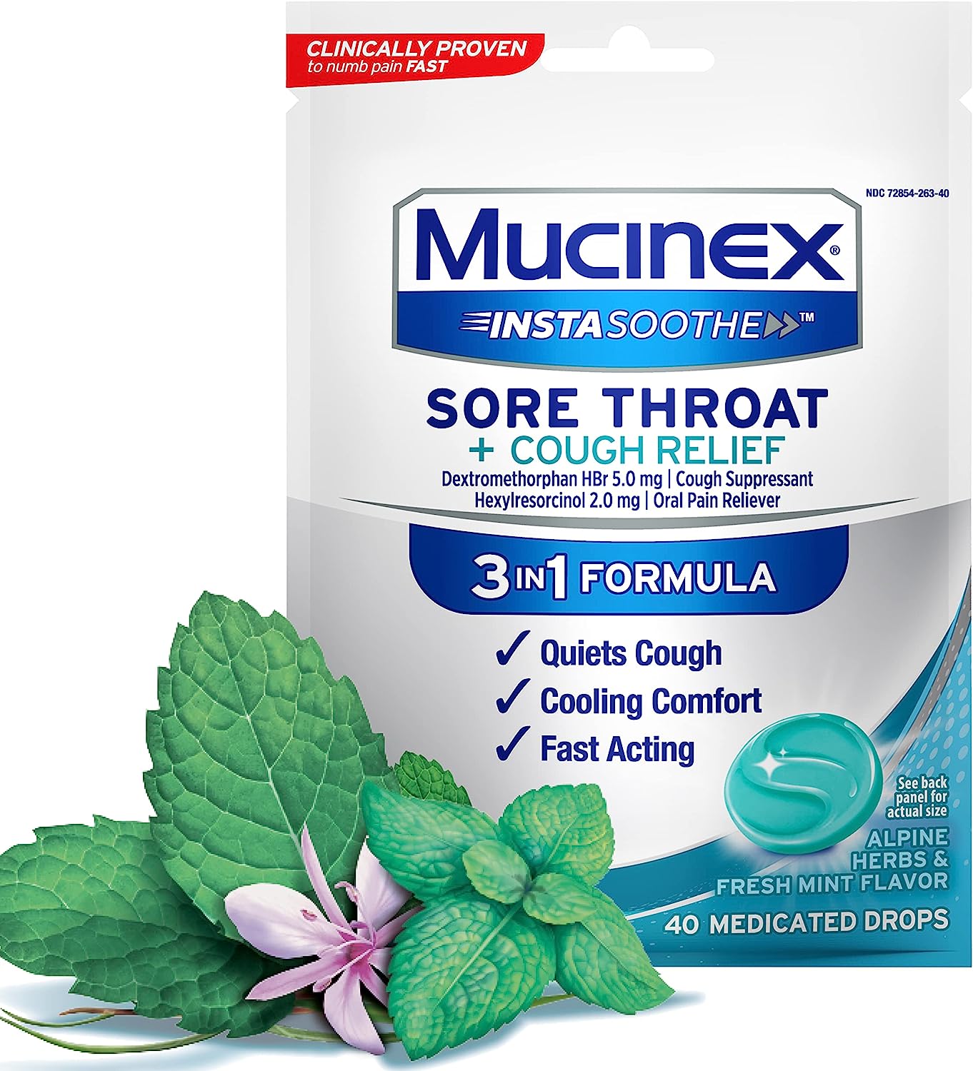 Mucinex InstaSoothe Sore Throat + Cough Relief Alpine Herbs & Mint Flavor, Fast Acting, Cooling Comfort, Powerful Sore Throat Oral Pain Reliever, 40 Medicated Drops