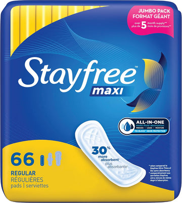 Stayfree Maxi Regular Pads For Women, Wingless, Reliable Protection And Absorbency Of Feminine Periods, 66 Count