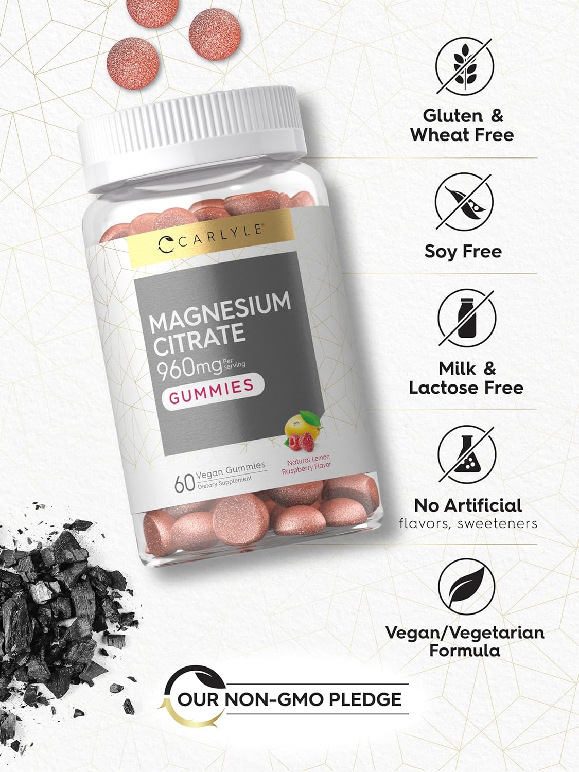 Carlyle Magnesium Citrate Gummies | 960mg | 60 Vegan Gummies | Vegan, Non-GMO, and Gluten Free Formula | Lemon Raspberry Flavor : Health & Household