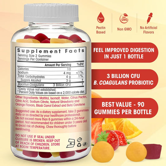 Probiotic Gummies Sugar Free- 3 Billion Cfu Reduce Gas, Bloating - Probiotics For Women, Kids And Mens Probiotic- Bacillus Coagulans- Natural, Vegan, Vegetarian, Kosher, Halal –90 Gummy Probiotics