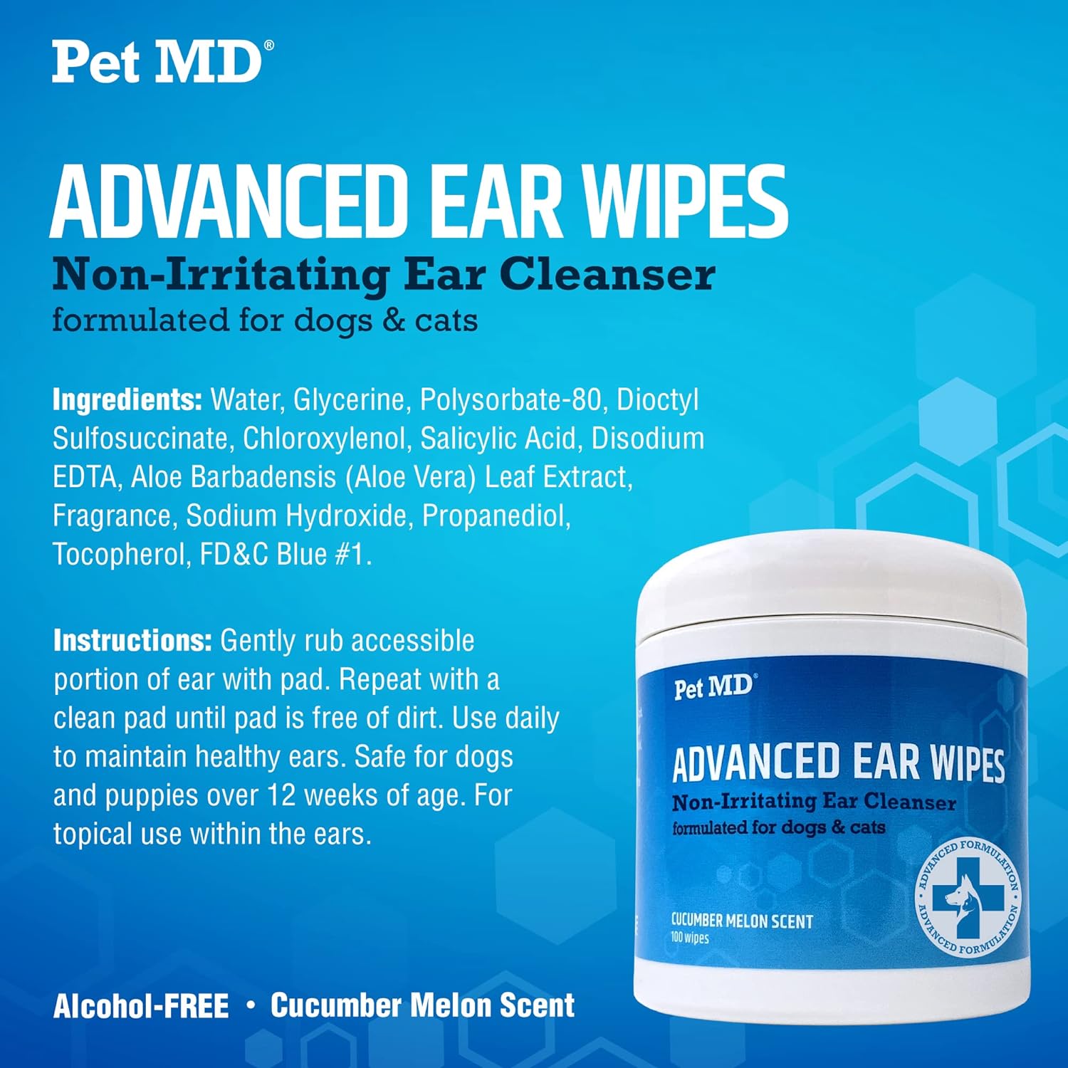 Pet MD Advanced Otic Ear Cleaner Wipes for Cats and Dogs - Veterinary Formula Treats Ear Infections - 100 Count : Pet Supplies