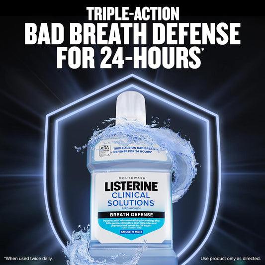 Listerine Clinical Solutions Breath Defense Zero Alcohol Mouthwash, Alcohol-Free Mouthwash With A Triple-Action Formula Fights Bad Breath For 24 Hours, Smooth Mint Oral Rinse, 1 L