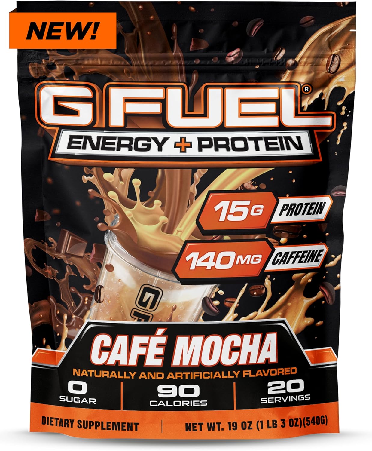 G Fuel Energy + Protein Powder Mix, Cafe Mocha Flavor, Sugar Free, Clean Caffeine Focus Supplement, Metabolism Support, Focus Nootropics, Vitamin + Antioxidant Blend, 19 Oz (20 Servings)