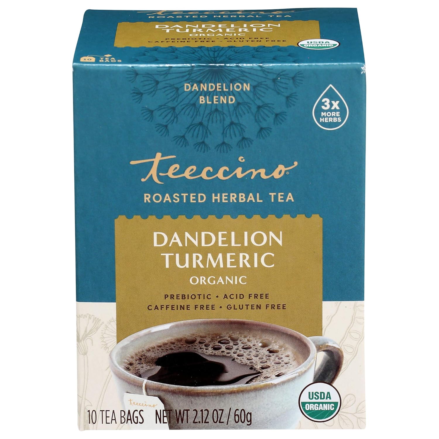 Teeccino Dandelion Turmeric Tea - Caffeine-Free, Organic, Roasted Herbal Tea With Prebiotics, 3X More Herbs Than Regular Tea Bags, Gluten Free - 10 Tea Bags