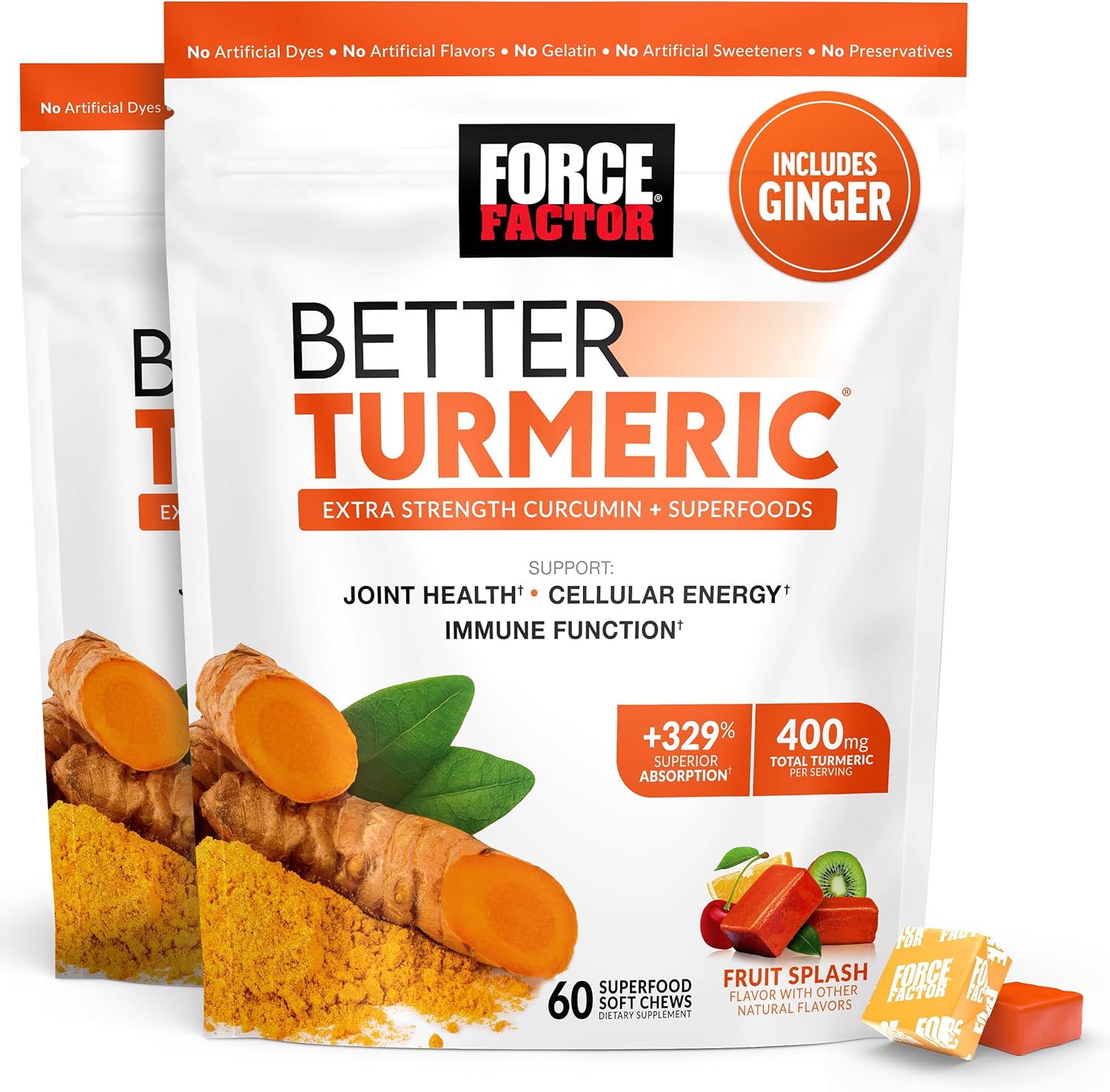Force Factor Better Turmeric Joint Support Supplement For Extra Strength Joint Health, Featuring Hydrocurc Turmeric Curcumin With Black Pepper For Superior Absorption, Fruit Splash, 120 Soft Chews