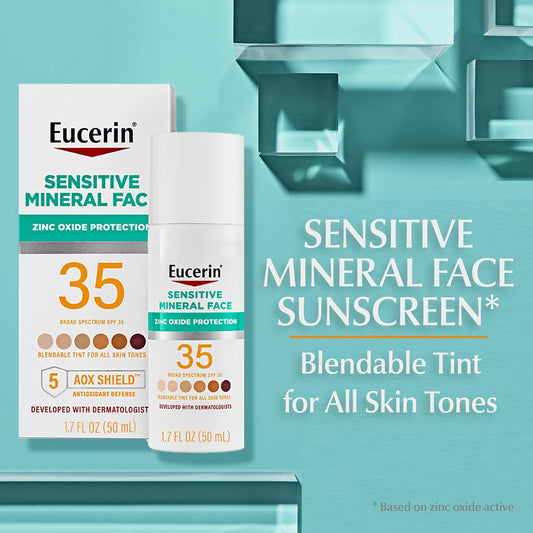 Eucerin Sun Tinted Mineral Face Sunscreen Lotion Spf 35, Non-Comedogenic Mineral Sunscreen With Gentle Zinc Oxide Protection For Sensitive Skin, 1.7 Fl Oz Bottle