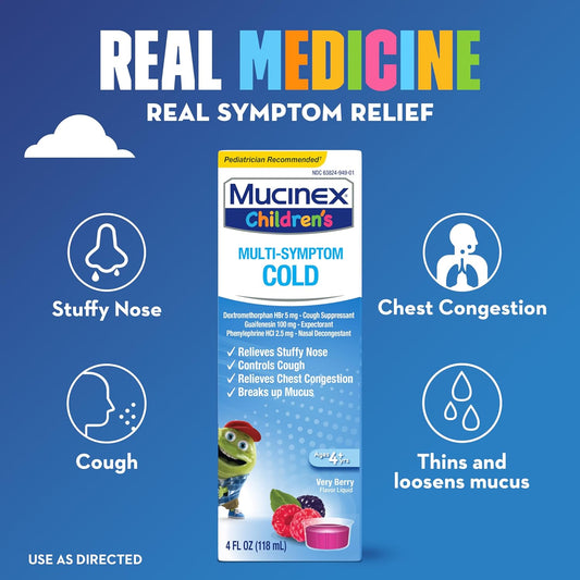 Mucinex Children'S Multi-Symptom Cold Medicine, Kids Cough Medicine, Mucinex Kids Medicine/Decongestant With Dextromethorphan Hbr, Guaifenesin, Phenylephrine Hcl, Very Berry Flavor Liquid, 4 Fl Oz