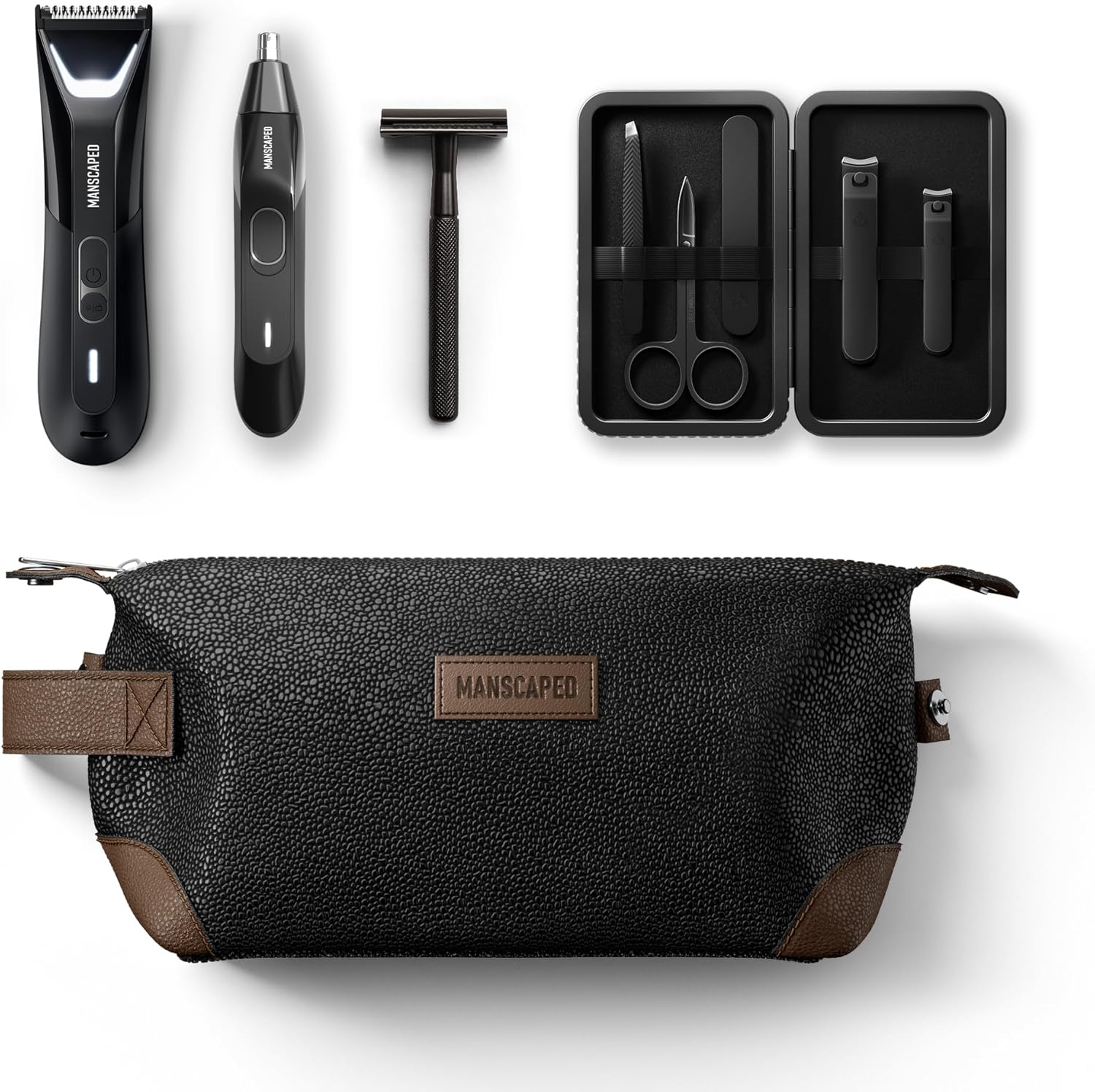 Manscaped® The Tool Box 5.0 Ultra With: The Lawn Mower® 5.0 Ultra Groin Groomer, Weed Whacker® 2.0 Nose & Ear Hair Trimmer, The Plow™ 2.0, The Shears™ 3.0 Five Piece Nail Kit, The Shed™ Toiletry Bag