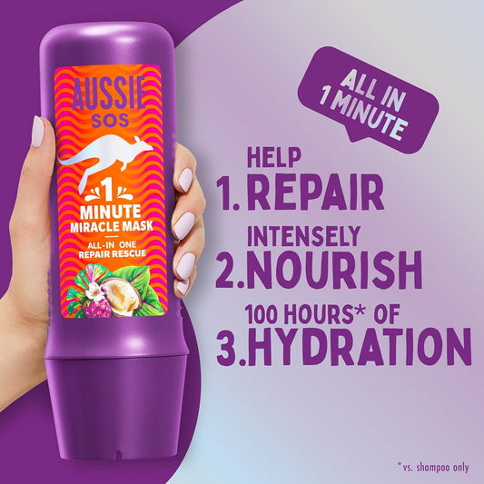Aussie Sos 1 Minute Miracle Repair Rescue Mask 250Ml To Deeply Nourish Dry, Damaged Hair