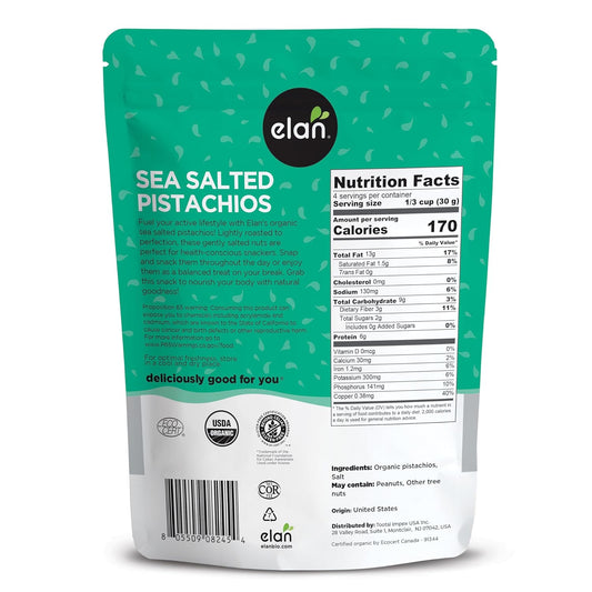 Elan Organic Sea Salted Pistachios, 5.1 Oz, In Shell, Salted With Sea Salt, Lightly Roasted, Naturally Open, Non-Gmo, Vegan, Gluten-Free, Kosher, Healthy Snacks