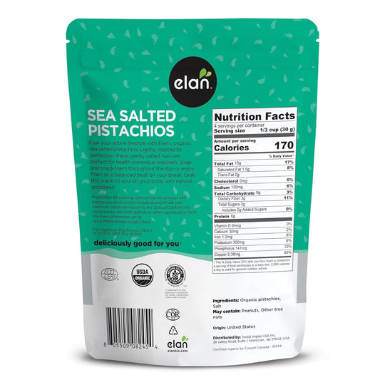 Elan Organic Sea Salted Pistachios, 5.1 oz, In Shell, Salted with Sea Salt, Lightly Roasted, Naturally Open, Non-GMO, Vegan, Gluten-Free, Kosher, Healthy Snacks