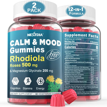 Sugar Free Calm Mood Support Rhodiola Rosea 500 mg Gummies Supplement w/Magnesium, Ashwagandha, Schisandra Berry, Lemon Balm,L-Theanine-Relief Stress & Focus,??????????????????,Energy & Immune, 2Packs