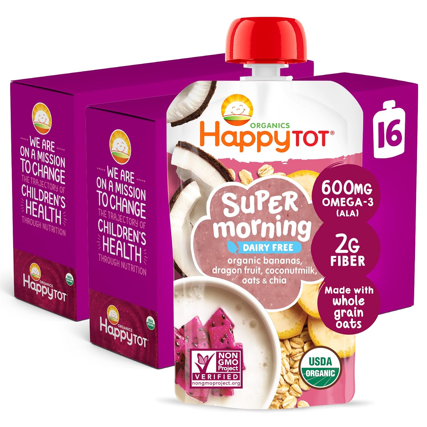 Happy Tot Organics Super Morning Stage 4 Dairy Free, Bananas, Dragon Fruit, Coconut Milk & Oats + Super Chia, 4 Ounce Pouch (Pack Of 16)