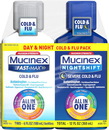 Mucinex Fast-Max Cold And Flu & Nightshift Severe Cold And Flu Medicine For Adults, Over-The-Counter Medication Combo Pack For Sore Throat Relief, Decongestant, Cough & Cold Medicines, 2 X 6 Fl Oz