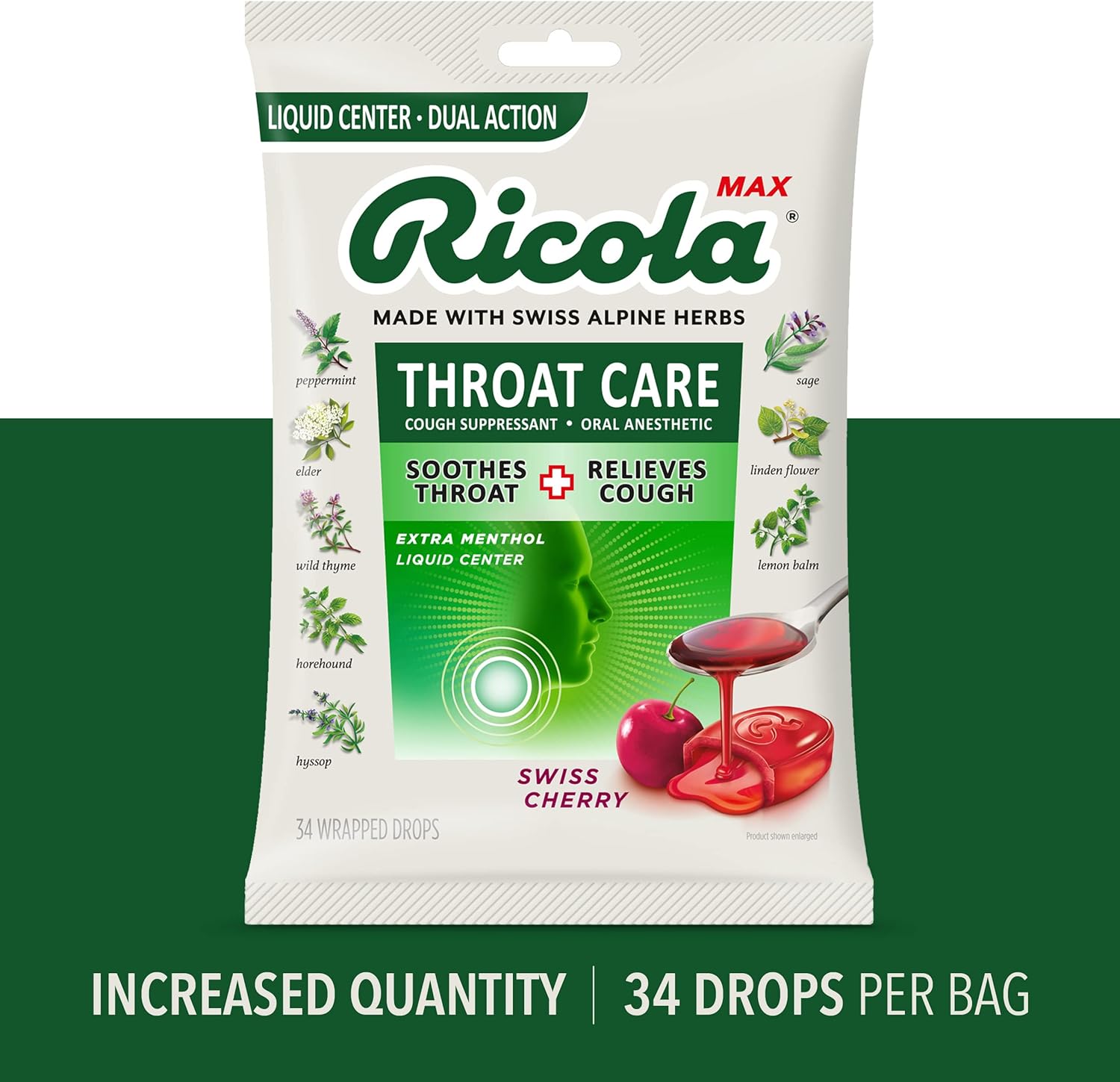 Ricola Max Swiss Cherry Throat Care Large Bag | Cough Suppressant Drops | Dual Action Liq Center | Soothing Long-Lasting Relief - 34 Count (Pack of 1)