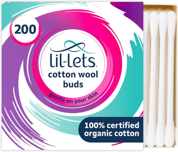 Lil-Lets Cotton Wool Buds, Certified Organic, 100% Pure Cotton Wool Tips, Durable Paper Stems, Plastic Free Cotton Buds, Dermatologically Tested, Pack of 200